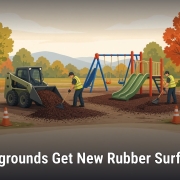 Fostoria News New rubber surfacing installed at Fostoria city playground with workers.
